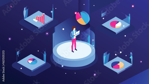 Isometric illustration of a woman on a platform with charts and graphs in a virtual space
