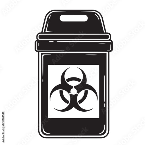 Black and white illustration of a biohazard waste container with warning symbol