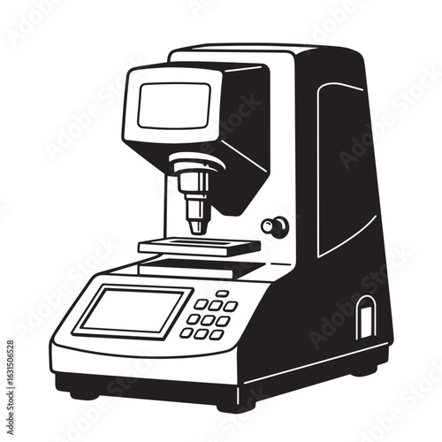 Black and white illustration of a laboratory microscope depicting scientific research equipment