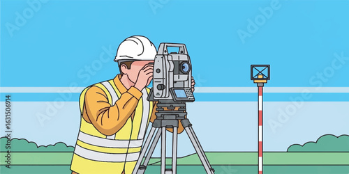 Land Surveyor Vector Illustration with Equipment in Flat Style