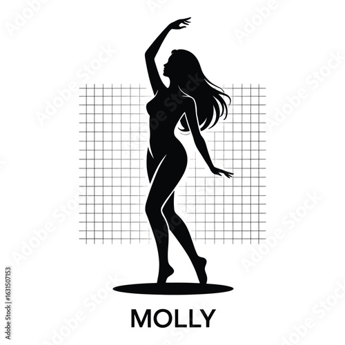 Elegant Silhouette of a Female Dancer named Molly with Flowing Hair and Artistic Grid Background in Black and White