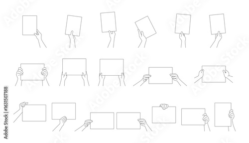 Hands holding blank paper sheet in various positions, illustrating different gestures and grips for displaying text or images