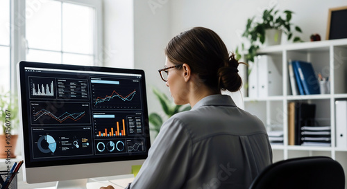Female analyst working with big data on a computer screen. Businesswoman reviewing financial charts and statistics on a dashboard in the office.