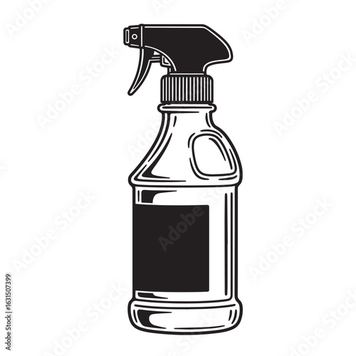 Black and white spray bottle icon for cleaning products and household hygiene concepts