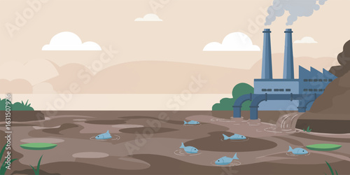 Flat style vector depicting water pollution from industrial waste, showing factory pipes discharging toxins into a river with dead fish and murky water
