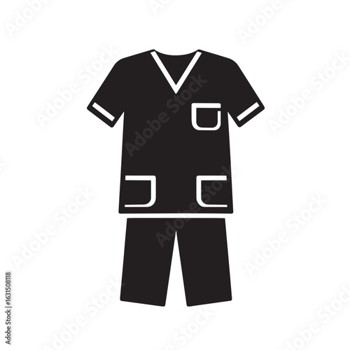 Black and white vector illustration of a medical uniform scrubs outfit for healthcare professionals