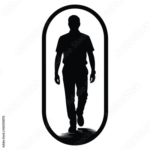 Man in uniform walking forward in oval frame silhouette