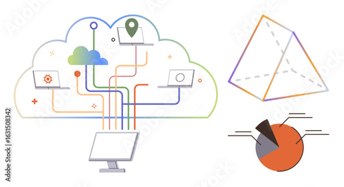 Cloud interconnected with laptops and monitor via lines, 3D geometric shape, pie chart analysis. Ideal for data sharing, technology, cloud computing, analytics, visualization, network innovation