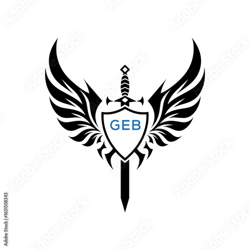 GEB Winged Sword and Shield Logo with GEB Letters, GEB Later Logo, Heraldic Emblem, Black and White Vector Design

