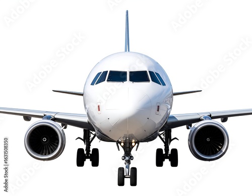 Front view of a white passenger jet against a white background