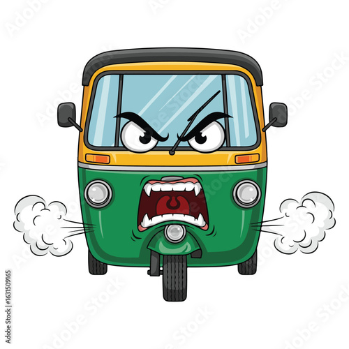 Angry auto rickshaw with steam coming out of its exhaust colouring page