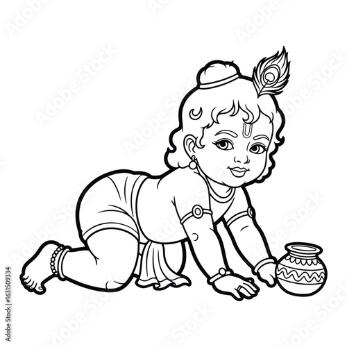 Illustration of baby krishna crawling with a pot of butter colouring page