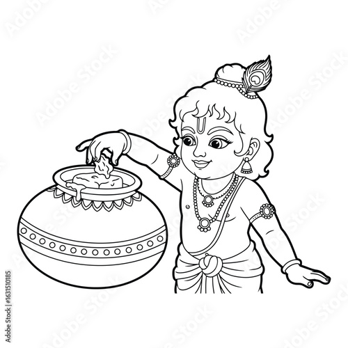 Illustration of krishna stealing butter from a pot outline colouring page