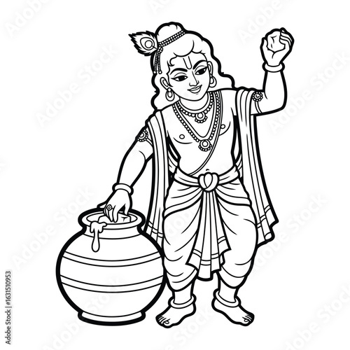 Illustration of krishna with pot of butter in black outline colouring page