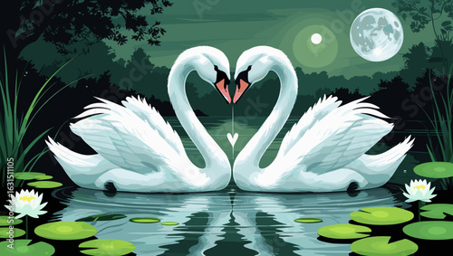 Romantic illustration of two swans forming a heart on a moonlit pond