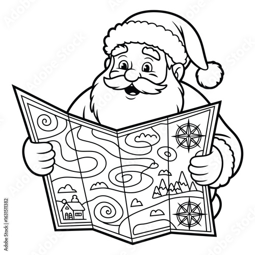 Santa claus reading a map in black and white illustration colouring page