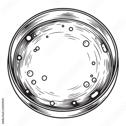 Hand drawn etching style planet graphic with craters and texture in black and white design