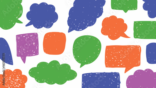 Assortment of colorful hand drawn speech bubbles scattered across a white background creating a pattern