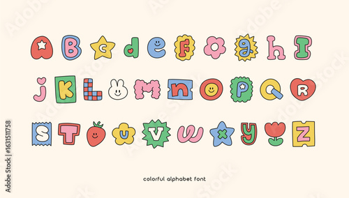 Cute colorful doodle alphabet font typo