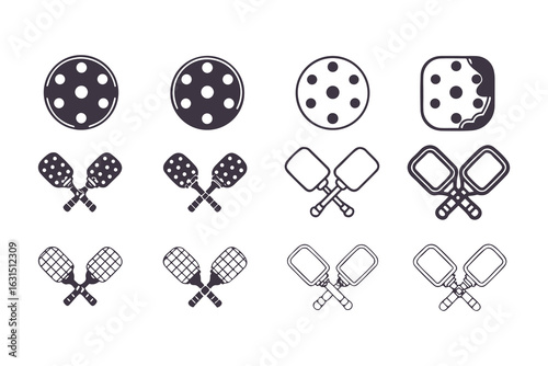 Pickleball icon set. Collection of minimalist sport equipment symbols including paddle and ball. Vector graphics in line art and solid glyph styles for logos and web.