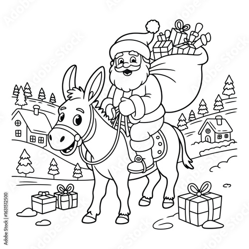 Santa riding a donkey with gifts in a black and white image colouring page