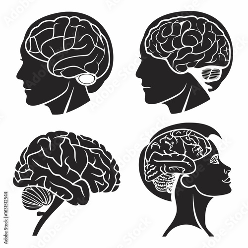 Set of Brain Silhouettes – Human Mind Shapes and Neural Icons in Flat Black Vector

