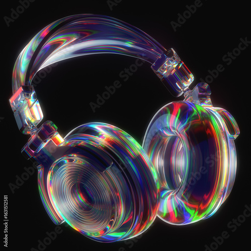 DJ headphones with colorful glass light dispersion effect. The generic design audio device on black background for prints and overlays.