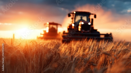 A stunning image of combine harvesters working in a golden wheat field under a breathtaking sunset, portraying the hard work of agriculture and nature's beauty.