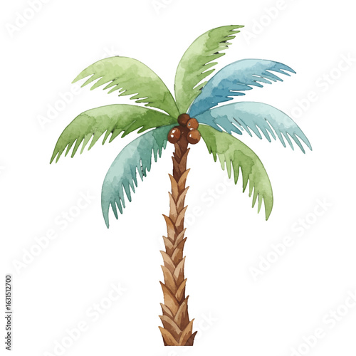 Watercolor Palm Tree Illustration with Coconuts, Tropical Leaves, and Natural Trunk for Summer Vibes and Island Getaways