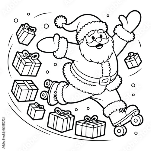 Santa claus on roller skates with christmas gifts around him colouring page