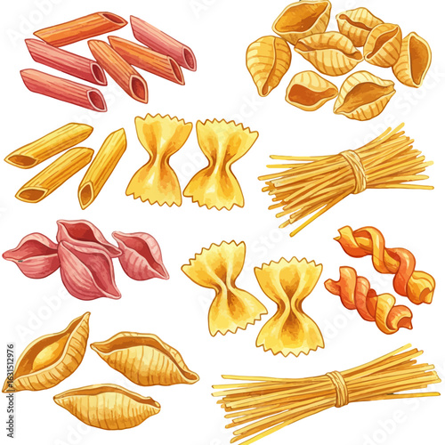 Artistic depiction showcasing an assortment of colorful Italian pasta varieties including penne, farfalle, shells, and spaghetti