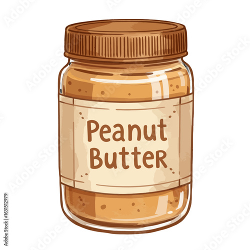 Cartoon illustration of a peanut butter jar with a beige label and brown text showcasing a creamy spreadable treat, a classic and simple design