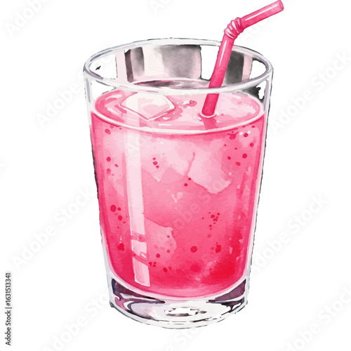 Refreshing pink smoothie in glass with ice and straw in watercolor style, a vibrant and cool summer treat to quench your thirst