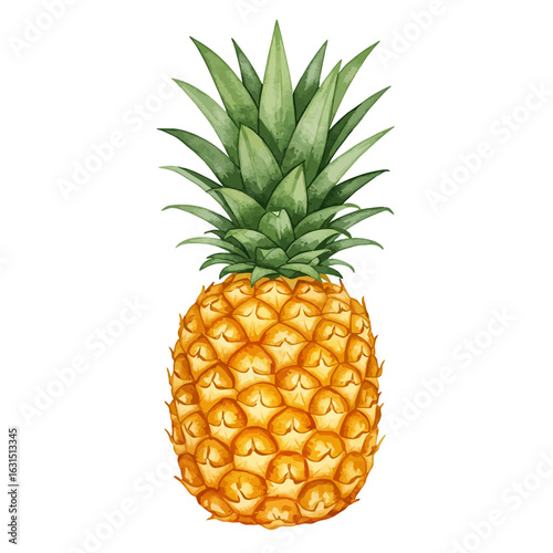 Vibrant watercolor illustration of a whole pineapple with detailed crown and textured skin creating a tropical fruit artwork for design projects