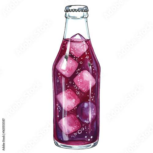 Refreshing grape soda illustration with ice cubes in a glass bottle, offering a cool and flavorful beverage experience, perfect for summertime enjoyment
