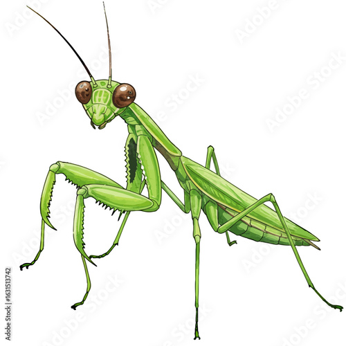 Detailed Illustration of a Praying Mantis with Intricate Green Textures and Striking Eyes, Standing Tall and Ready