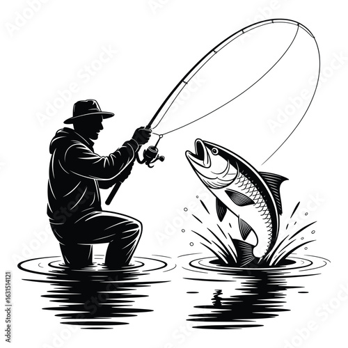 Fisherman reeling in jumping fish black and white vector illustration outdoor angling adventure sportsman catching prize in water body