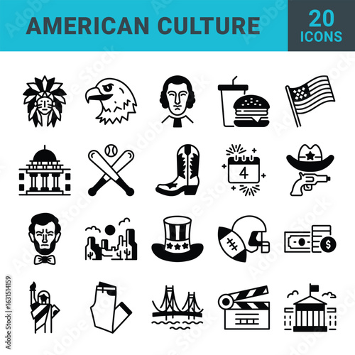 A diverse collection of vector icons representing key elements of American culture, including landmarks, traditions, and symbols. Ideal for educational materials, presentations, and patriotic designs.