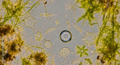 Microscopic view of a vibrant aquatic ecosystem teeming with various microorganisms like algae, diatoms, and protozoa in a water droplet.