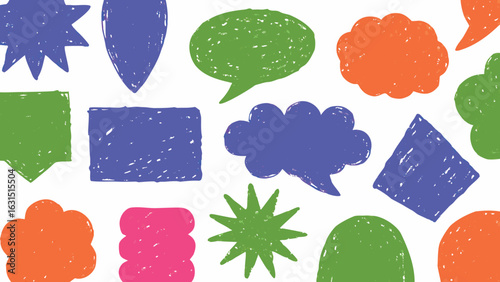 Colorful hand drawn shapes including stars speech bubbles and geometric forms scattered on white background
