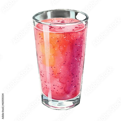 Watercolor illustration of a tall glass filled with a vibrant pink and orange smoothie, showcasing a refreshing and healthy beverage art design