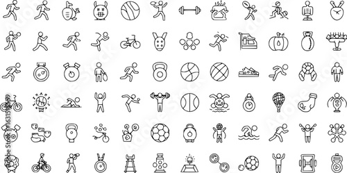 a set of sport and fitness icons, various sporting activities, line art, black and white



