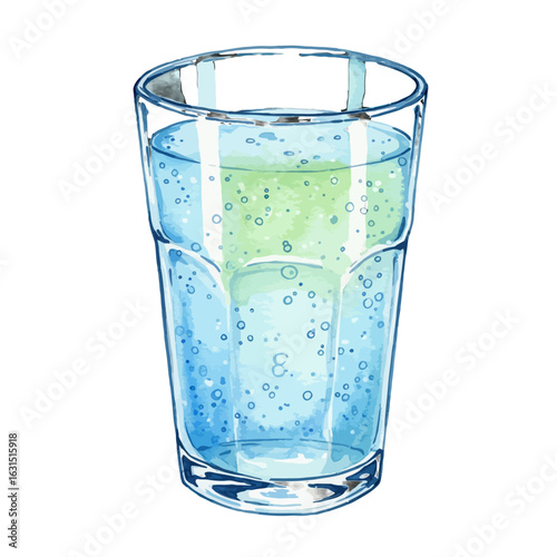 Refreshing glass of sparkling water with vibrant watercolor effect and effervescent bubbles, creating a cool and hydrating visual