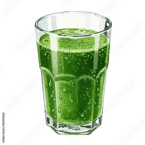 Fresh Green Smoothie in a Glass Illustration with Bubbles and Droplets for Healthy Living and Detox, Ideal for Nutrition and Wellness Content