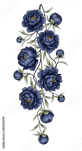 Dark blue peonies blooming on a vine, isolated on white background
