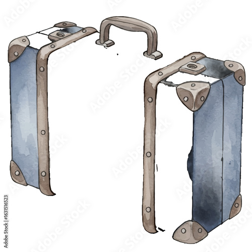 Watercolor illustration of an open suitcase with metal reinforcements and handle, vintage travel luggage isolated on a white background, decorative baggage