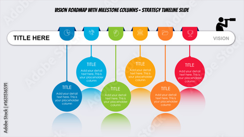 Linear vision roadmap infographic with hanging circular columns – business strategy timeline slide, colorful milestone process template for PowerPoint, professional workflow vector design