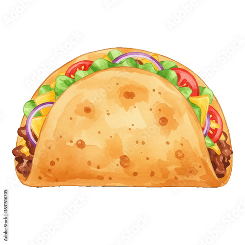 Delicious watercolor taco illustration loaded with fresh ingredients including beef, cheese, lettuce, tomatoes, and onions, showcasing vibrant colors and textures