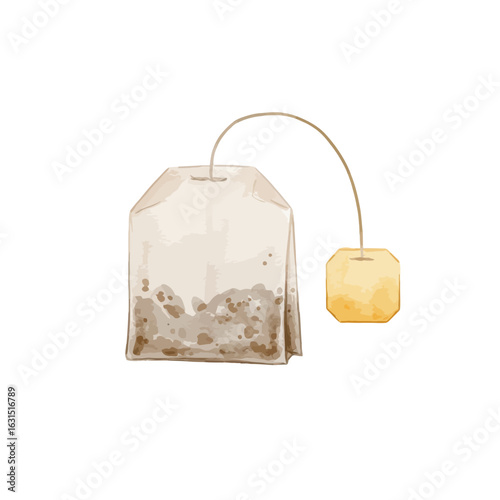 Illustrated teabag with string and tag, showcasing a comforting warm beverage preparation element and watercolor textures for design projects