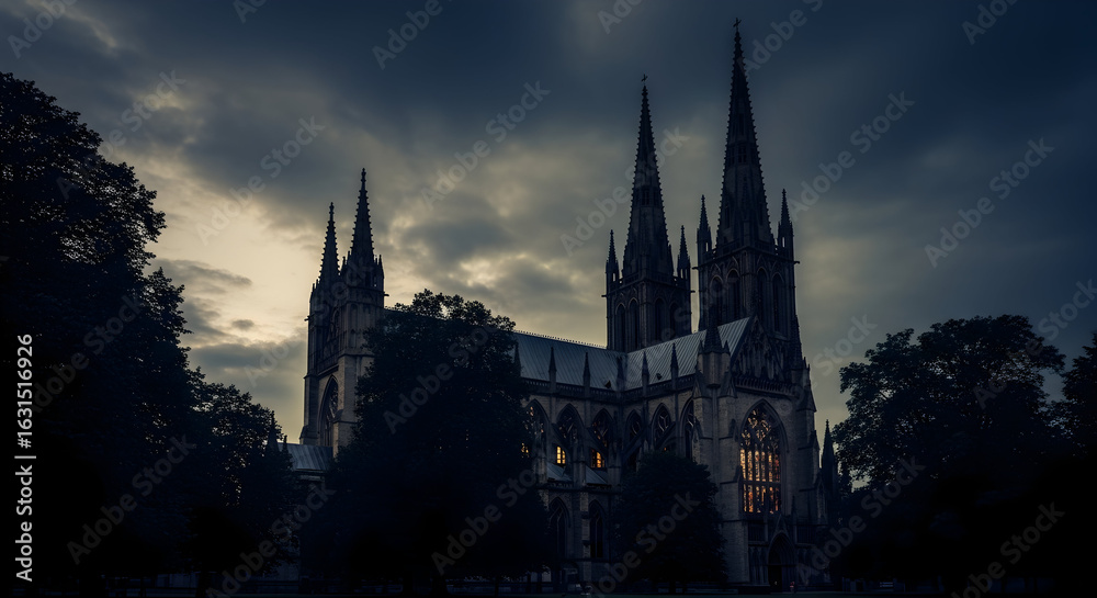 Fototapeta premium Dark gothic cathedral in a moody, atmospheric setting with dramatic lighting